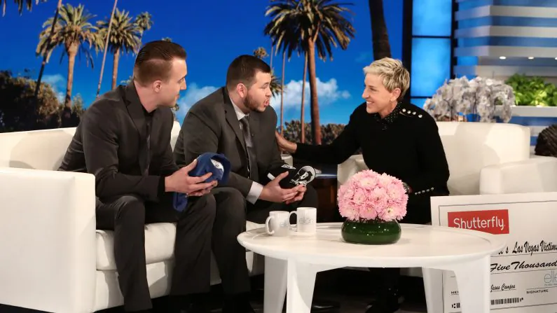 Stephen Schuck and security guard Jesus Campos of the Mandalay Bay Resort and Casino in Las Vegas, are interviewed by host Ellen DeGeneres during the taping of  "The Ellen DeGeneres Show" in Burbank, California in this photo released on Oct. 18, 2017. (Michael Rozman/Warner Bros./Handout via REUTERS)