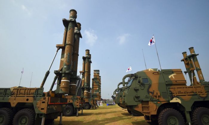 This picture taken on Sept. 25, 2017, shows a Hyunmoo-III cruise missile system. On Oct. 19, South Korean army sources outlined a missile strategy to take out North Korean artillery and SCUD missile facilities in a presentation to the National Assembly.  (Jung Yeon-Je/AFP/Getty Images)