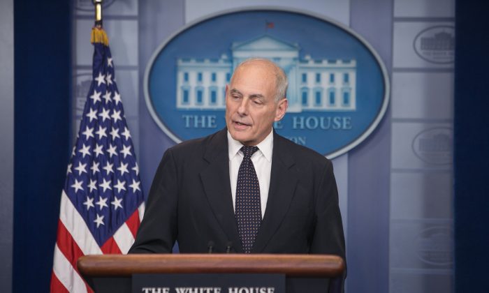 White House Chief of Staff John Kelly speaks to the press at the White House in Washington on Oct. 19, 2017. (Benjamin Chasteen/The Epoch Times)