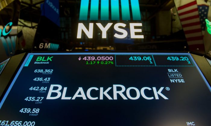 The trading symbol for BlackRock is displayed at the closing bell of the Dow Industrial Average at the New York Stock Exchange  in New York, on July 14, 2017. (Bryan R. Smith/AFP/Getty Images)