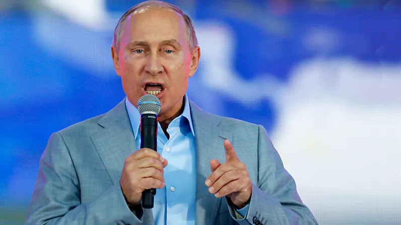 Russian President Vladimir Putin addresses participants of the 19th World Festival of Youth and Students during the official closing ceremony in Sochi's Olympic Park in Sochi on Oct. 21, 2017. (Alexander Zemlianichenko/AFP/Getty Images)