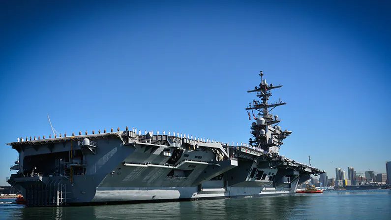 The aircraft carrier USS Theodore Roosevelt departs its homeport of San Diego for a regularly scheduled deployment to the U.S. 7th and 5th Fleet areas of responsibility, in support of maritime security operations and theater security cooperation efforts. (U.S. Navy photo by Mass Communication Specialist 1st Class Travis S. Alston)