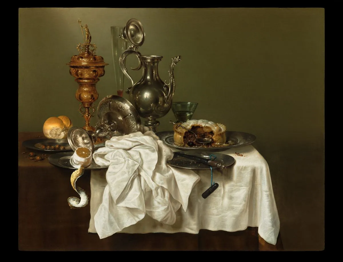 “A Still Life With a Fruit Pie,” 1644, by Willem Claesz. Heda (1594–1680). Oil on panel, 31.8 inches by 39.8 inches. One of the many paintings by old masters on display at TEFAF New York. (French & Company LLC)