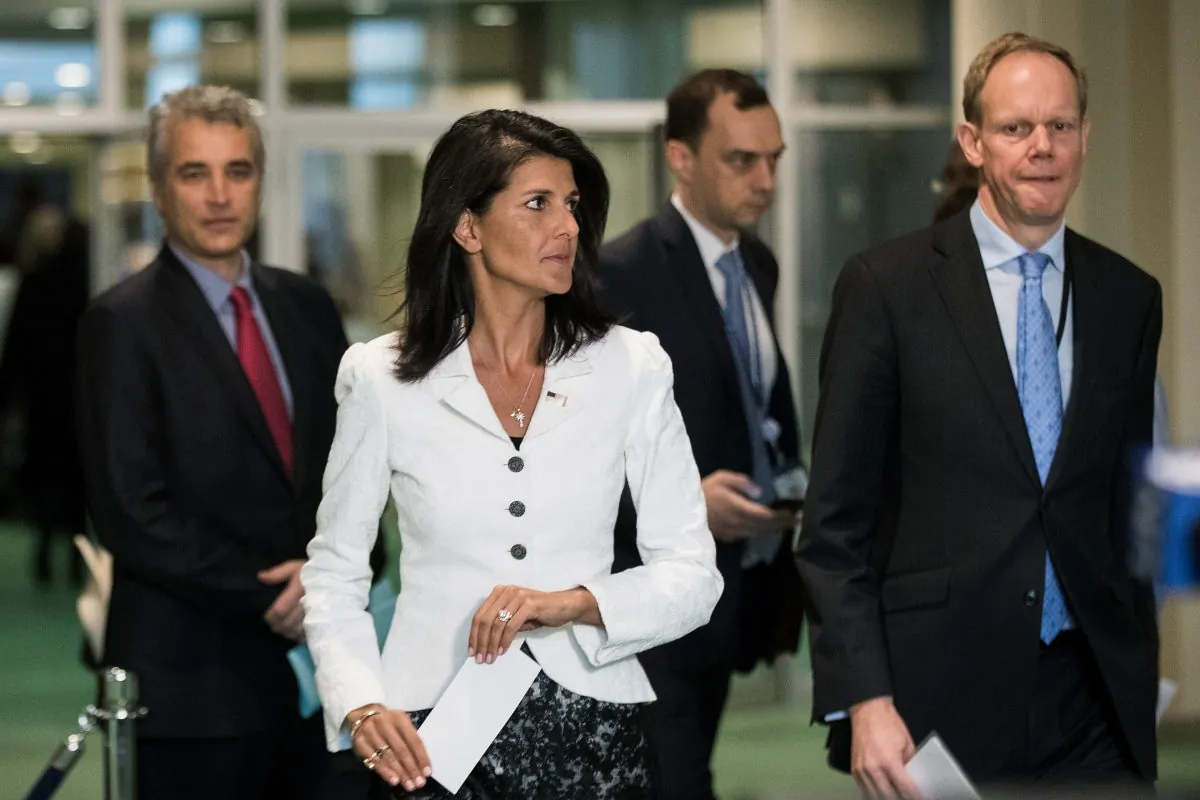 Former U.S. Ambassador to the United Nation Nikki Haley (C) arrives to speak to reporters at the United Nations headquarters, in New York City, on March 27, 2017. (Drew Angerer/Getty Images)