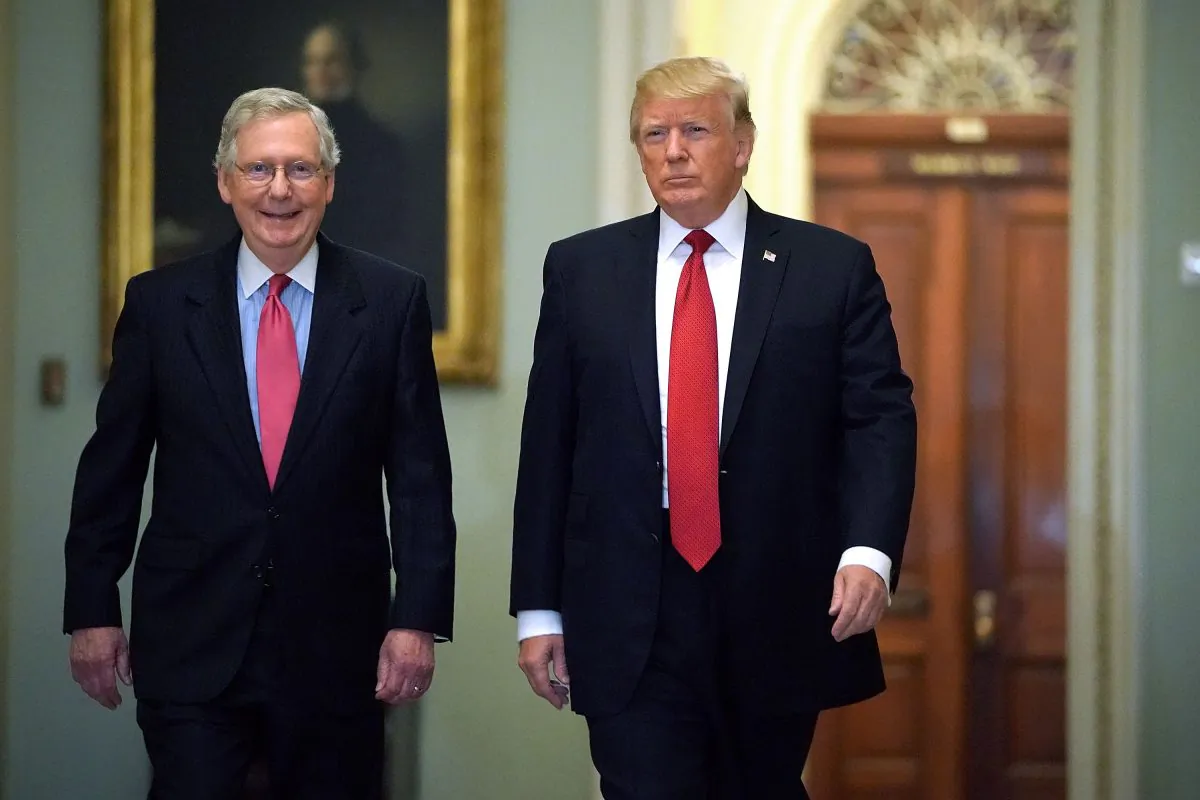 Senate Majority Leader Mitch McConnell (R-Ky.) (L) and President Donald Trump arrive for the Republican Senate Policy Luncheon at the U.S. Capitol in Washington, D.C., on Oct. 24, 2017. (Chip Somodevilla/Getty Images)