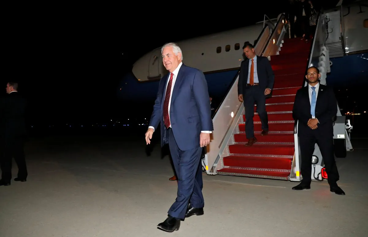 U.S. Secretary of State Rex Tillerson arrives back at Joint Base Andrews in Maryland, on Oct. 26, 2017. (Reutersno/Alex Brandon/Pool)
