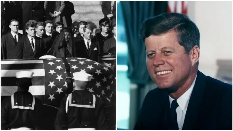 (L) Photo from John F. Kennedy's funeral.  (R) John F. Kennedy. (PublicGetty Images/ Public Domain)