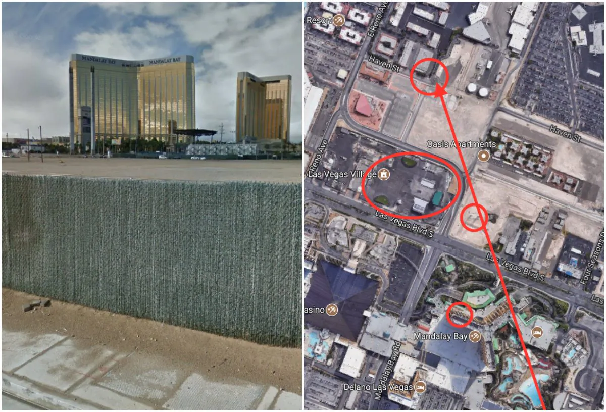 L: The approximate location where Laura Loomer examined possible bullet marks. (Screenshot via Google Street View); R: (Top-Bottom) the Location where Laura Loomer examined possible bullet marks, the concert venue that was the target of the Oct. 1 Las Vegas attack, the support columns of the unfinished Skyvue Las Vegas Super Wheel, the location of Stephen Paddocks hotel room. (Screenshot via Google Maps; marks by The Epoch Times)