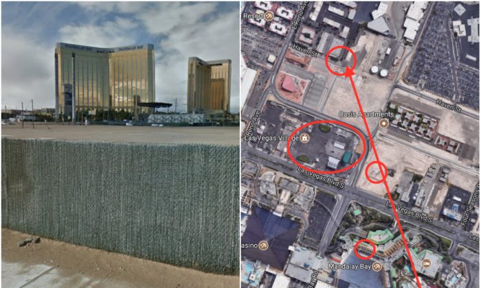 L: The approximate location where Laura Loomer examined possible bullet marks. (Screenshot via Google Street View); R: (Top-Bottom) the Location where Laura Loomer examined possible bullet marks, the concert venue that was the target of the Oct. 1 Las Vegas attack, the support columns of the unfinished Skyvue Las Vegas Super Wheel, the location of Stephen Paddocks hotel room. (Screenshot via Google Maps; marks by The Epoch Times)