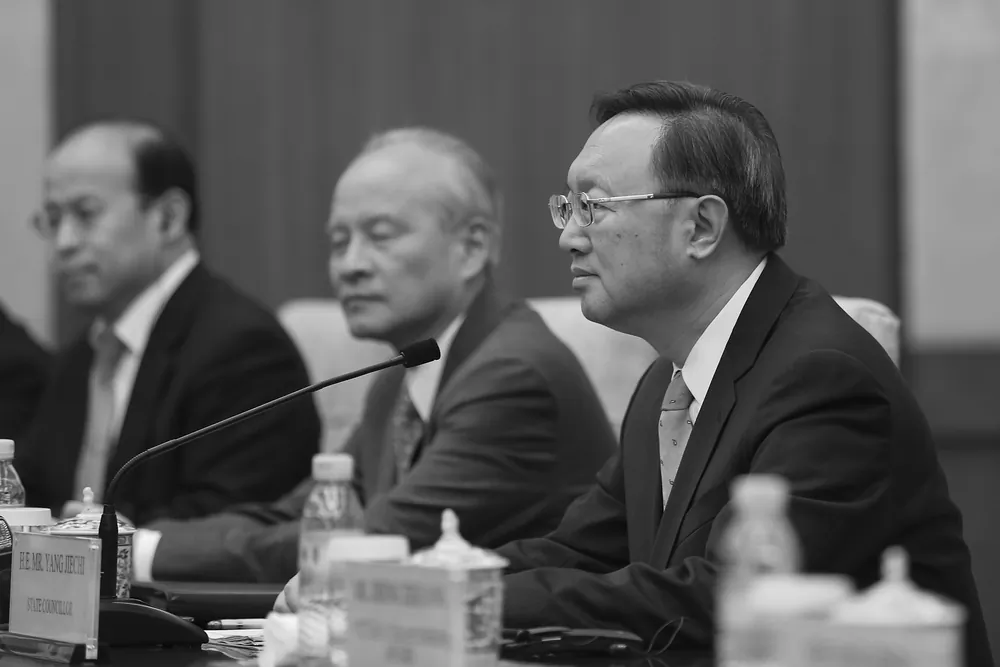 Yang Jiechi (R) during a meeting at Diaoyutai State Guesthouse in Beijing on March 18, 2017. Yang was promoted to the 25-member Politburo after the 19th National Congress. (Lintao Zhang/Pool/Getty Images)