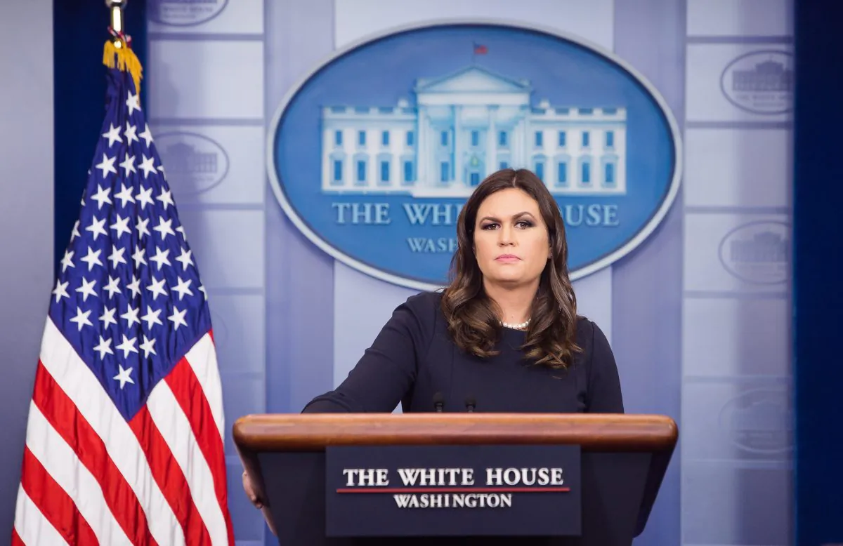 White House press secretary Sarah Sanders during a press briefing at the White House on Oct. 31, 2017. (Samira Bouaou/The Epoch Times)