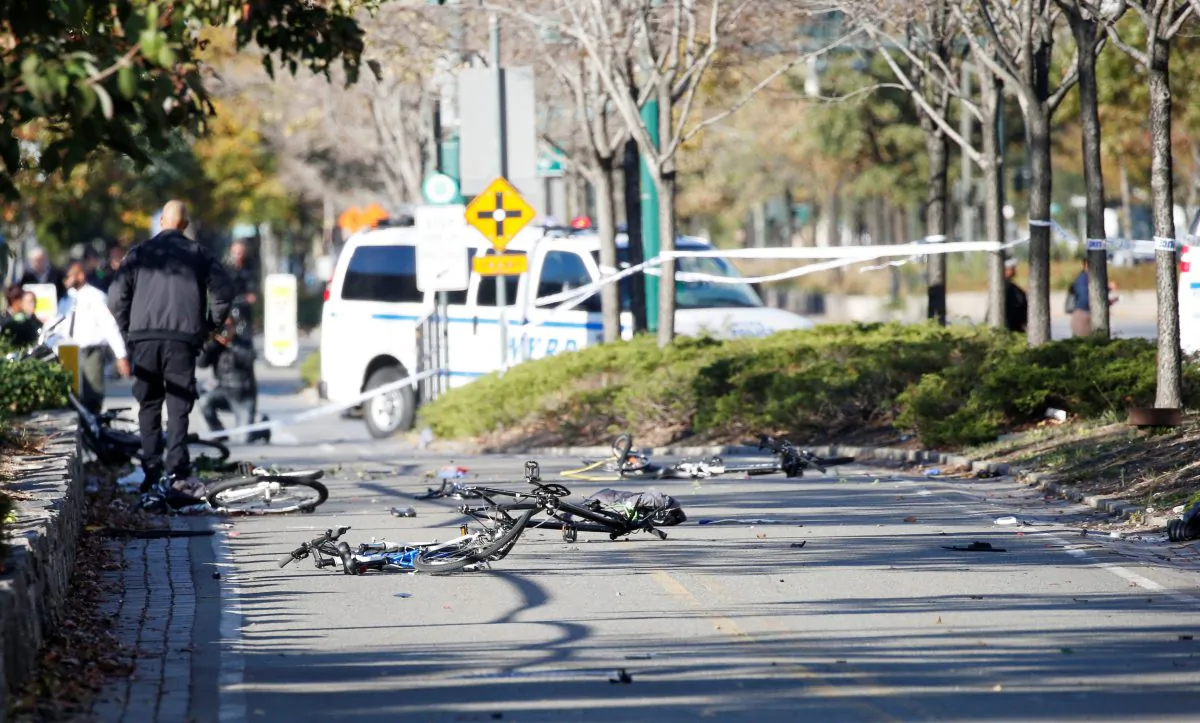 Multiple bikes are crushed along a bike path in lower Manhattan in New York on Oct. 31, 2017. (Brendan McDermid/Reuters)