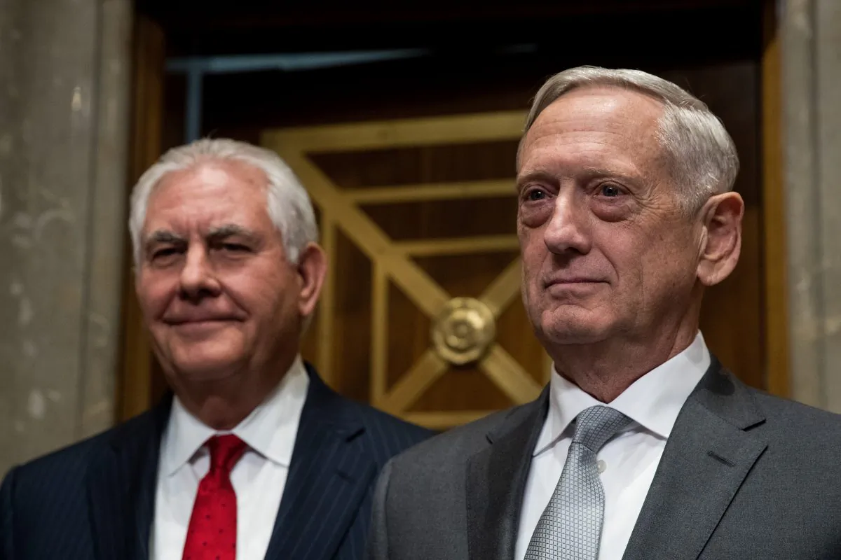 Secretary of State Rex Tillerson and Defense Secretary Gen. Jim Mattis arrive for a Senate Foreign Relations Committee hearing on Oct. 30, 2017. (Drew Angerer/Getty Images)