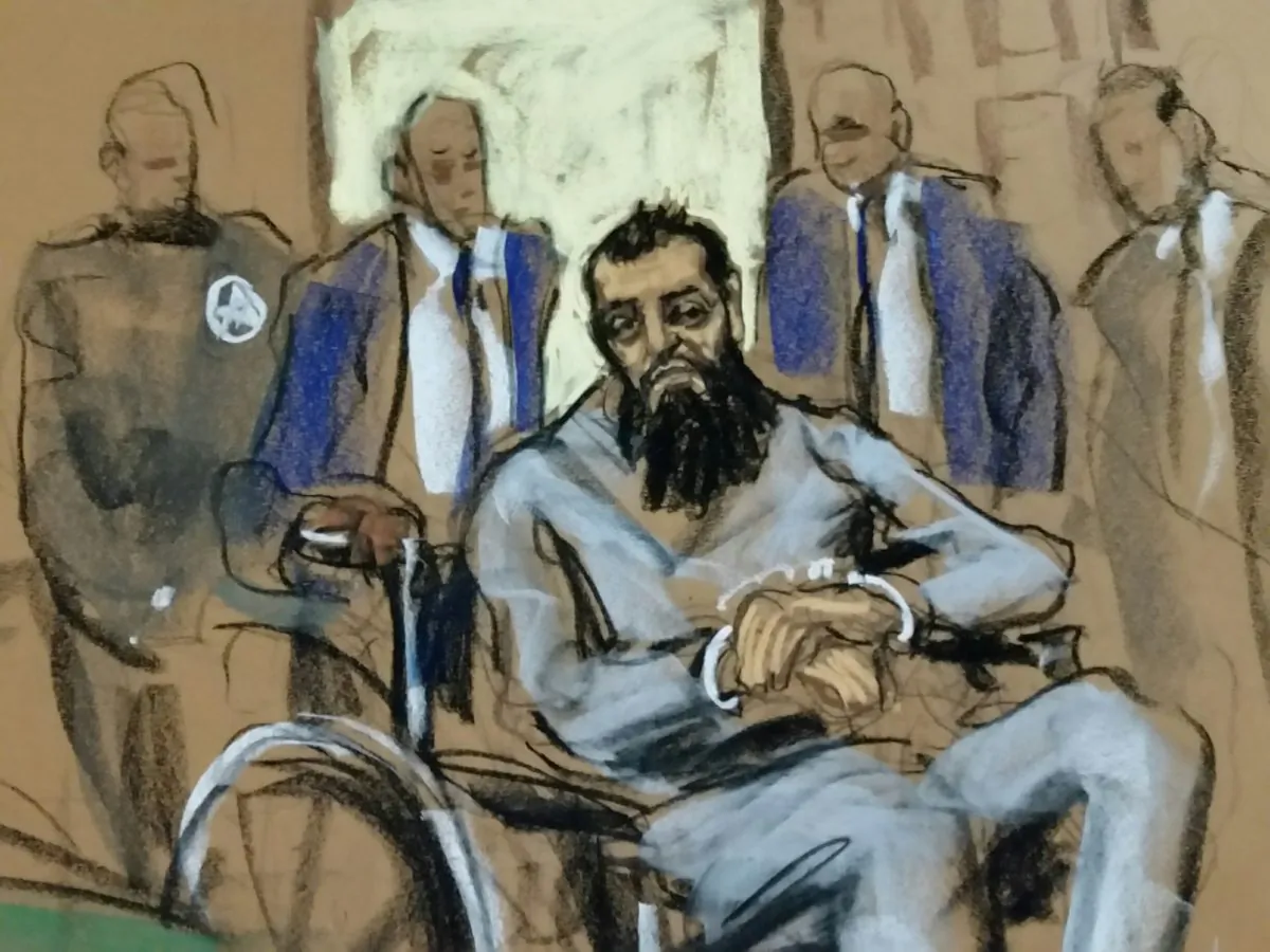 Sayfullo Saipov, the suspect in the New York City truck attack, is seen in this courtroom sketch appearing in Manhattan federal courtroom in a wheelchair in New York, NY, U.S., Nov. 1, 2017. (Reuters/Jane Rosenberg)