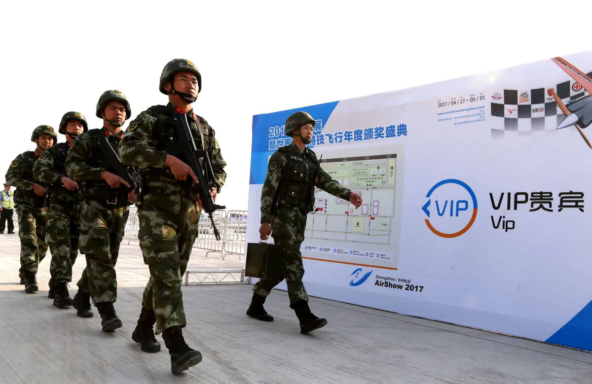 Chinese armed police attend an airshow in Zhengzhou City, Henan Province, in central China on April 28, 2017.
(STR/AFP/Getty Images)