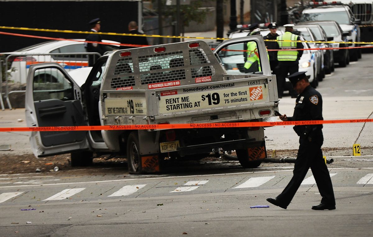 The crashed vehicle used in what is being described as a terrorist attack sits in lower Manhattan the morning after the event on November 1, 2017 in New York City. (Spencer Platt/Getty Images)