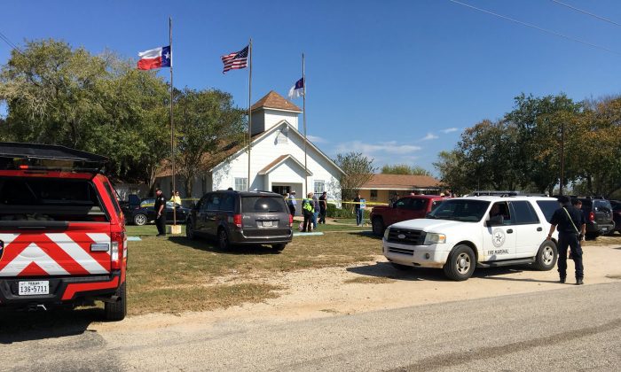 The area around a site of a mass shooting in Sutherland Springs, Texas, on Nov. 5, 2017, in this picture obtained via social media. (Max Massey/ KSAT 12/via Reuters)