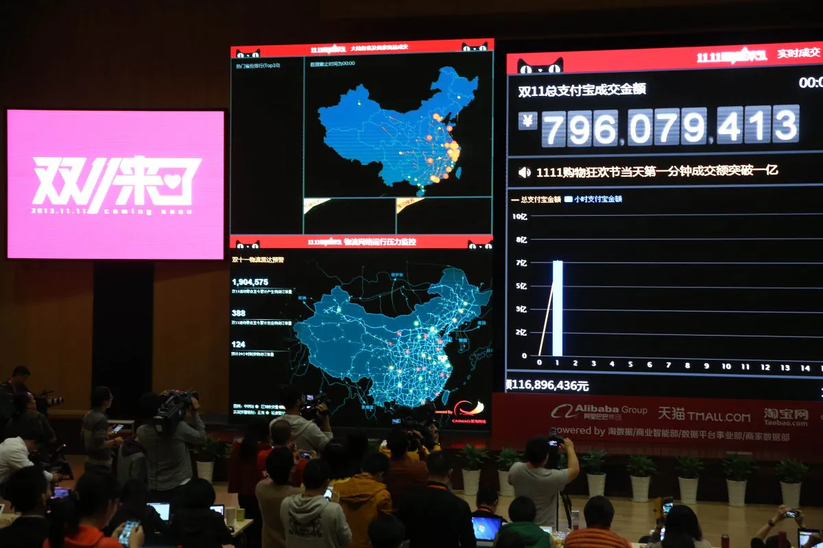 Employees watch the live broadcast of sales transactions during the Nov. 11 shopping promotion at Alibaba headquarters in Hangzhou, China, on November 11, 2013. (VCG via Getty Images)