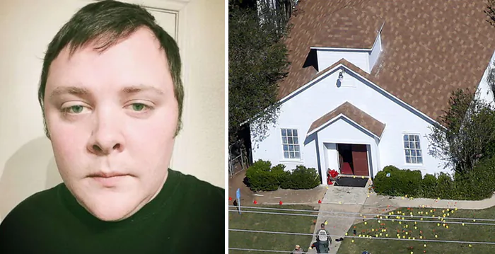 Texas church shooting gunman Devin Patrick Kelley (L). An aerial photo (R) showing the site of a mass shooting at the First Baptist Church of Sutherland Springs, Texas, on Nov. 6, 2017. (Jonathan Bachman/Reuters)