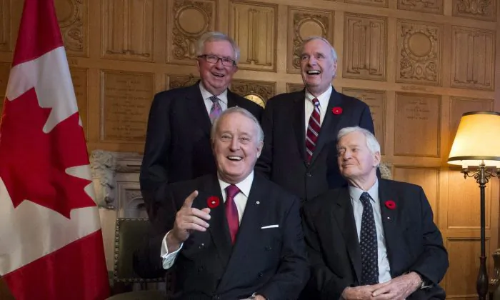 Former prime ministers Brian Mulroney (front L) and John Turner, with Joe Clark (rear L) and Paul Martin as they mark the 150th anniversary of the first meeting of the first Parliament of Canada, in Ottawa on Nov. 6, 2017. (The Canadian Press/Justin Tang)