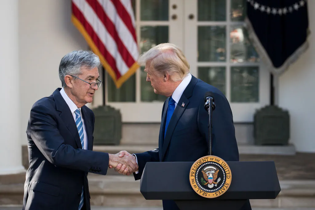 President Donald Trump (R) shakes hands with his nominee for the chairman of the Federal Reserve Jerome Powell during a press event in the Rose Garden at the White House, in Washington on Nov. 2, 2017. (Drew Angerer/Getty Images)