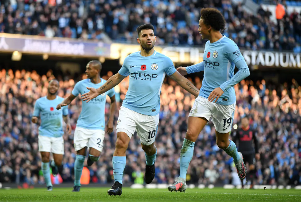 Sergio Aguero of Manchester City celebrates scoring his sides second goal with Leroy Sane of Manchester City during the Premier League match between Manchester City and Arsenal at Etihad Stadium on Nov 5, 2017 in Manchester, England. (Laurence Griffiths/Getty Images)