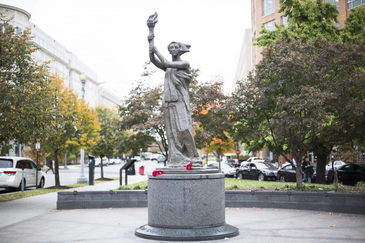The Victims of Communism Memorial in Washington on Nov. 8, 2017. Established by the Victims of Communism Memorial Foundation, it is a replica of the Goddess of Democracy statue erected during China's Tiananmen Square protests in 1989. (Samira Bouaou/The Epoch Times)