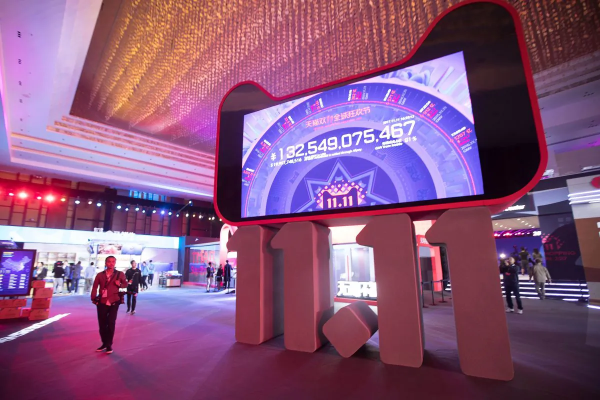 An electronic screen in Shanghai shows the amount of money spent by consumers on the Alibaba online retailer site nationwide during the Nov. 11 Singles Day shopping festival on November 11, 2017. (STR/AFP/Getty Images)