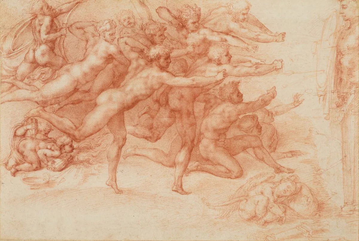 “Archers Shooting at a Herm,” 1530–33 by Michelangelo Buonarroti (Italian, Caprese 1475–1564 Rome). Drawing, red chalk. 8 5/8 inches by 12 11/16 inches. 
(ROYAL COLLECTION TRUST/HER MAJESTY QUEEN ELIZABETH II 2017) 
