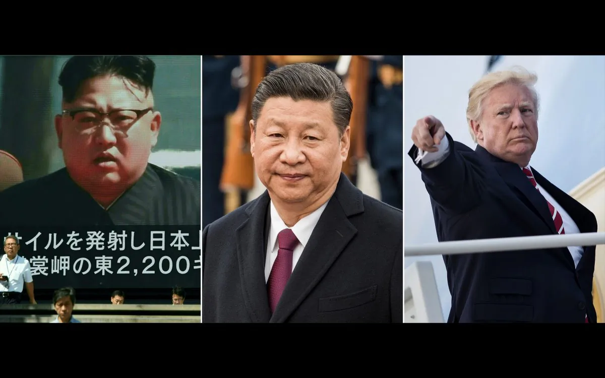 This combination of file pictures shows North Korean leader Kim Jong-Un (L) being broadcast on a large video screen in Tokyo; Chinese leader Xi Jinping (C), and U.S. President Donald Trump  (Fred Dufour, Brendan Smialowski, Toru Yamanaka/AFP/Getty Images)