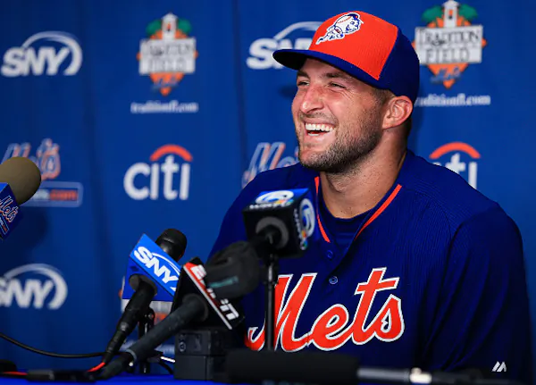 Tim Tebow at a press conference for The Mets at Port St. Lucie, Florida, in 2016. (Rob Foldy/Getty Images)