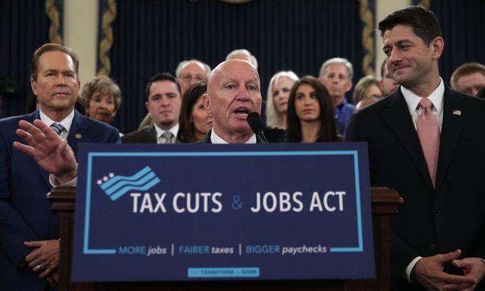 Chairman of House Ways and Means Committee Rep. Kevin Brady (R-TX) (C) speaks as Speaker of the House Rep. Paul Ryan (R-WI) (R), and Rep. Vern Buchanan (R-FL) (L) listen during a news conference on the tax reform legislation on Capitol Hill in Washington, D.C., on Nov. 2, 2017. (Alex Wong/Getty Images)