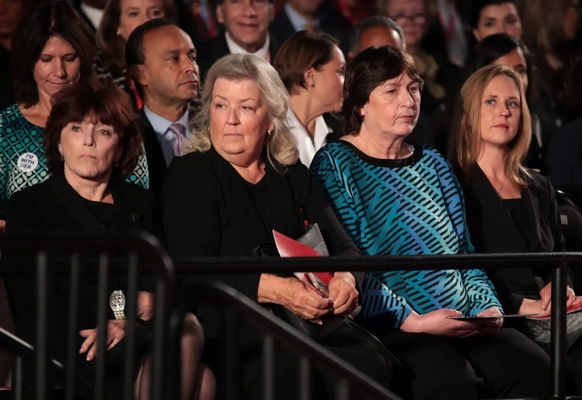 (L-R) Kathleen Willey, Juanita Broaddrick and Kathy Shelton, all three of whom have accused Bill Clinton of rape, sit before the town hall debate at Washington University in St Louis, Mo., on Oct. 9, 2016. (Scott Olson/Getty Images)