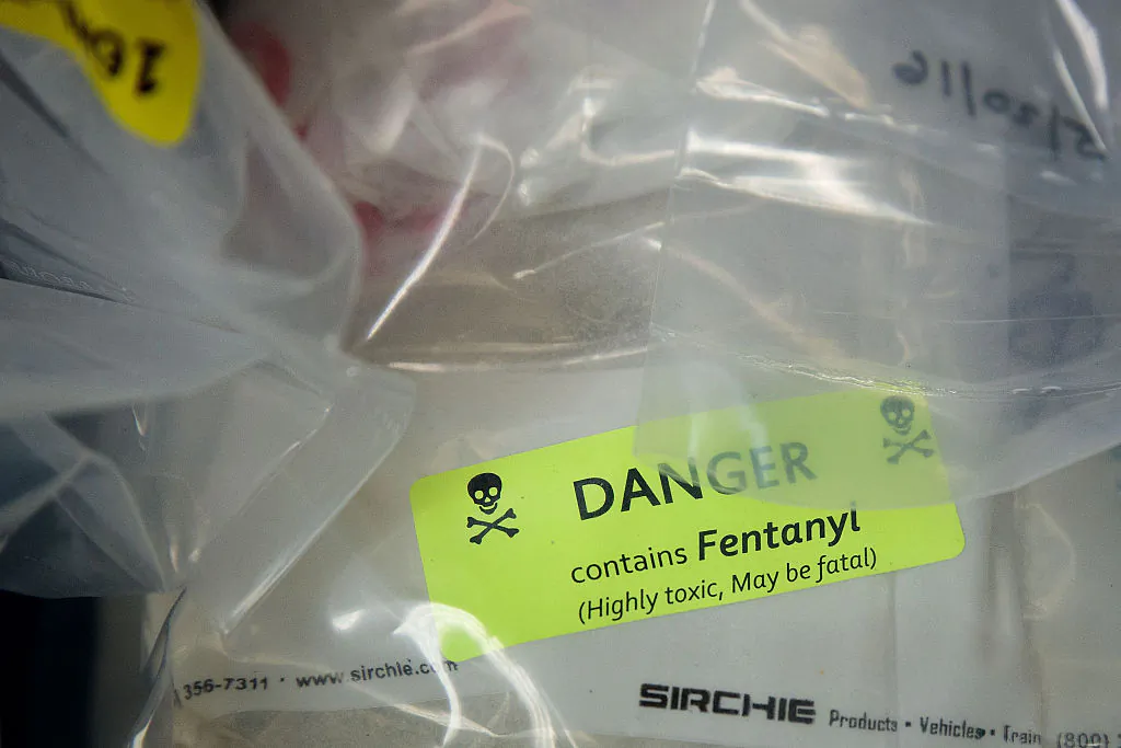 Bags of heroin, some laced with fentanyl, are displayed before a press conference regarding a major drug bust, at the office of the New York Attorney General, September 23, 2016 in New York City. (Drew Angerer/Getty Images)