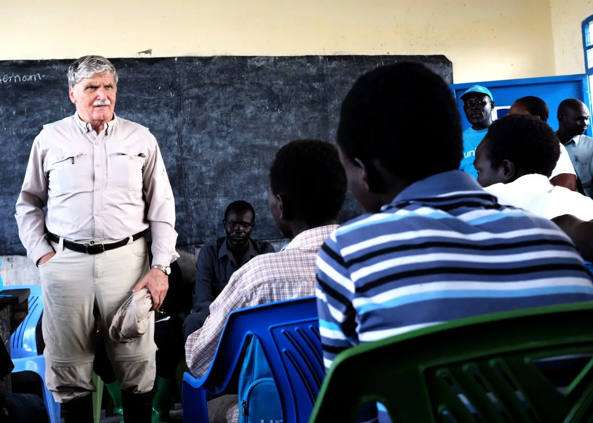 Retired lieutenant-general Roméo Dallaire, founder of the Child Soldiers Initiative, addresses former child soldiers in Pibor, South Sudan, in 2015. (Photo by Josh Boyter)