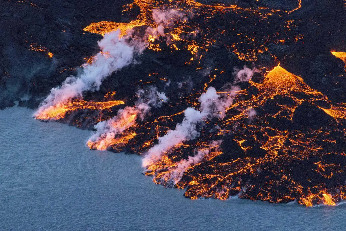 An aerial picture taken on Sept. 14, 2014 shows lava flowing out of the Bardarbunga volcano in southeast Iceland. (Bernard Meric/AFP/Getty Images)