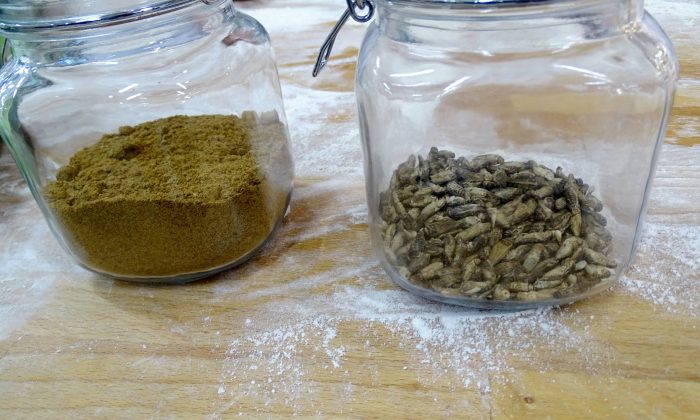 Flour ground from dried crickets and crickets in jars, for the first mass-delivered bread made of insects, are seen at the Finnish food company Fazer bakery in Helsinki, Finland, on Nov. 23, 2017. (Attila Cser/Reuters)