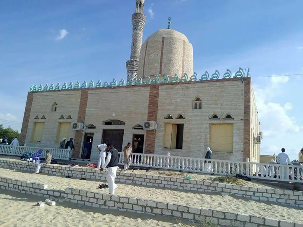 View of the Rawda mosque, roughly 40 kilometres west of the North Sinai capital of El-Arish, after a gun and bombing attack, on November 24, 2017.
A bomb explosion ripped through the mosque before gunmen opened fire on the worshippers gathered for weekly Friday prayers, officials said.
(Stringer/AFP/Getty Images)