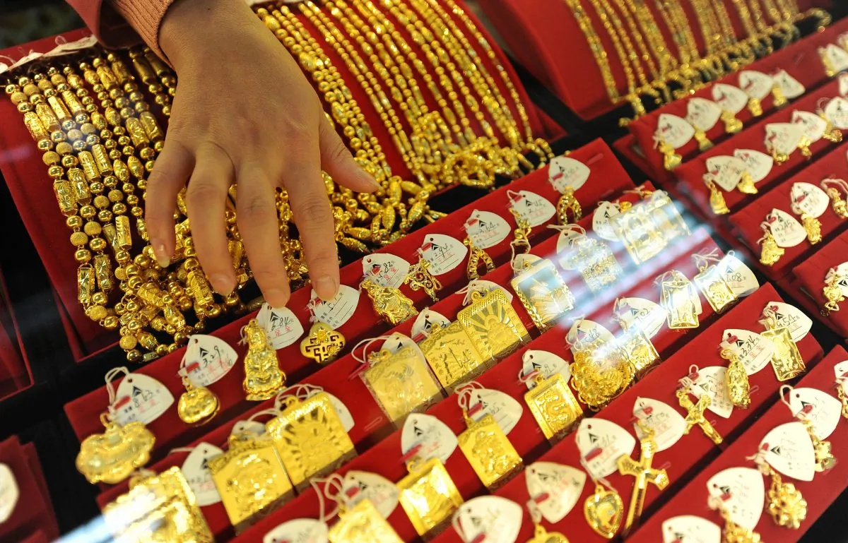 Various gold jewelry at a jewelry shop in Hefei City in eastern China's Anhui Province on November 10, 2009. (STR/AFP/Getty Images)