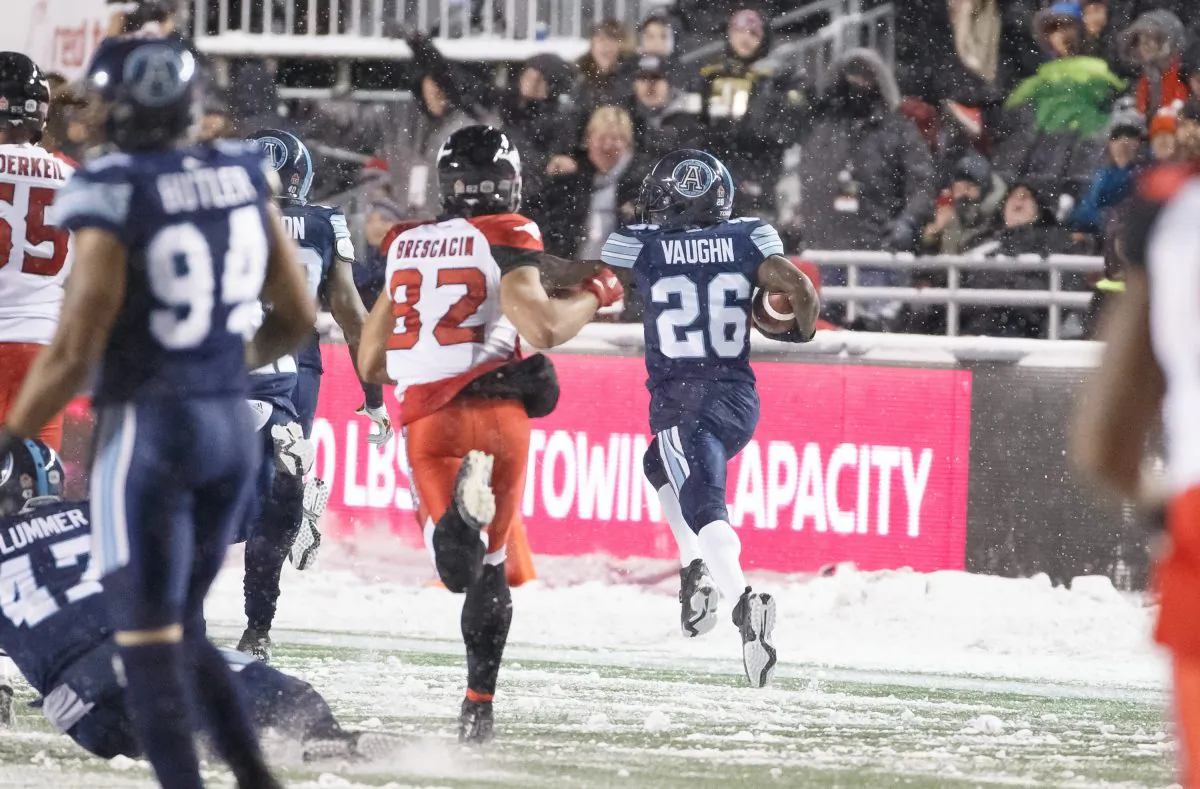 Toronto’s Cassius Vaughn returns a Calgary fumble 109 yards for a touchdown during the 105th Grey Cup at TD Place Stadium on Nov. 26, 2017 in Ottawa. (Andre Ringuette/Getty Images)