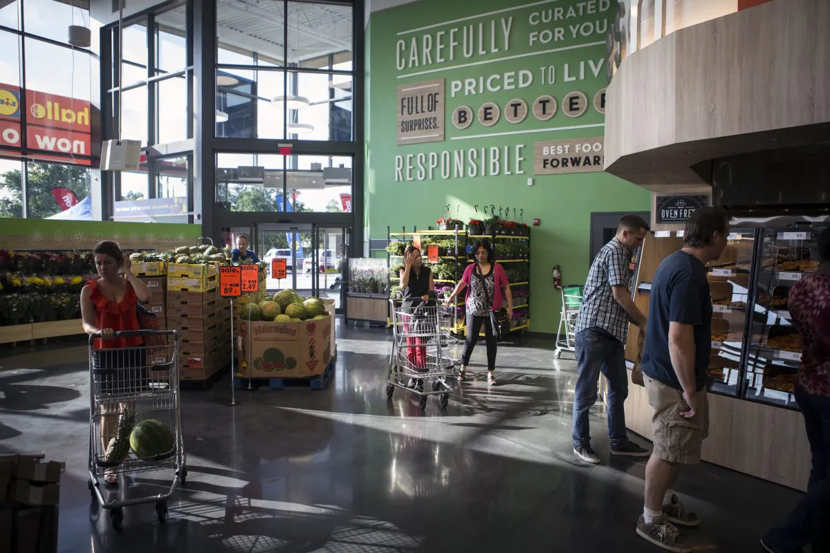 Customers shop at the Lidl's first US grocery store in Virginia Beach, Va., on June 18, 2017. (Chet Strange/Getty Images))

