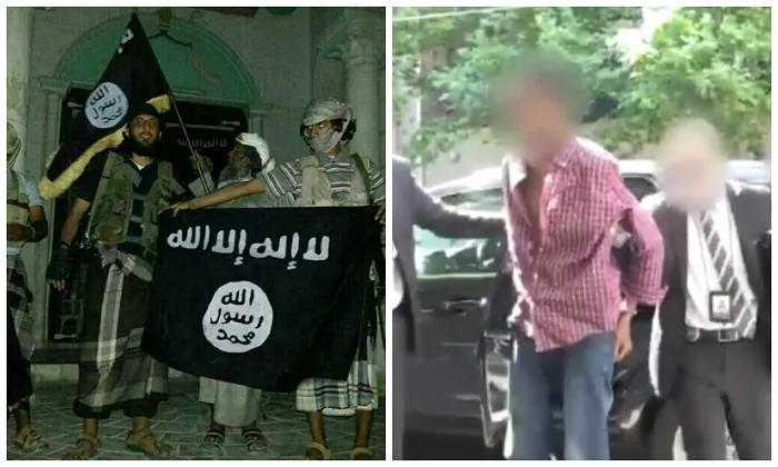 A file image of Somali al-Shebab fighters aligned with al-Qaeda (Mohamed Abdiwahab/AFP/Getty Images) and screenshot of police with a 20-year old man who is allegedly inspired by Al-Qaeda to commit a terror act in Melbourne’s Federation Square (Screenshot via Ten News). 