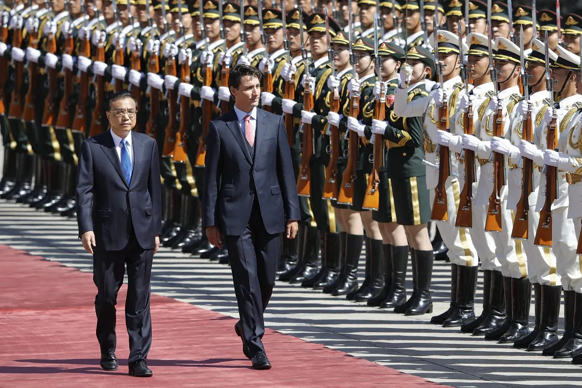Chinese Premier Li Keqiang accompanies Canadian Prime Minister Justin Trudeau outside the Great Hall of the People on Aug. 31, 2016 in Beijing. (Lintao Zhang/Getty Images)