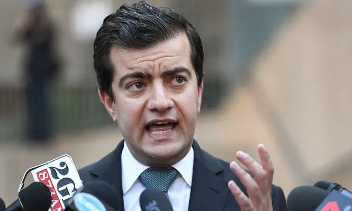 Australian Labor Party's Senator Sam Dastyari speaks to the media in Sydney on Sept. 6, 2016, to make a public apology after asking a company with links to the Chinese Government to pay a US $1,273 bill incurred by his office. Later Dastyari quit the Labor frontbench after admitting Chinese businessman Huang Xiangmo paid a legal bill for him. Dastyari is now in trouble after a report said that he told Huang that his phone was probably being tapped by security agencies. (William West/AFP/Getty Images)