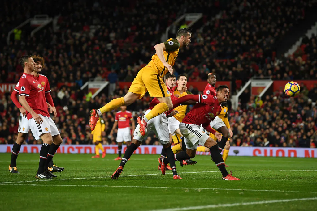 Shane Duffy of Brighton and Hove Albion shoots and misses during the Premier League match between Manchester United and Brighton and Hove Albion at Old Trafford on Nov 25, 2017 in Manchester, England. (Gareth Copley/Getty Images)
