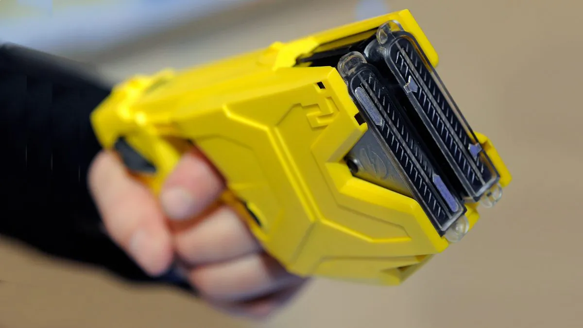 Taser International's X2 two-shot Taser for law enforcement is displayed at the National Shooting Sports Foundation's 34th annual Shooting, Hunting, Outdoor Trade (SHOT) Show at the Sands Expo and Convention Center in Las Vegas, Nevada, on Jan. 17, 2012. (Ethan Miller/Getty Images)