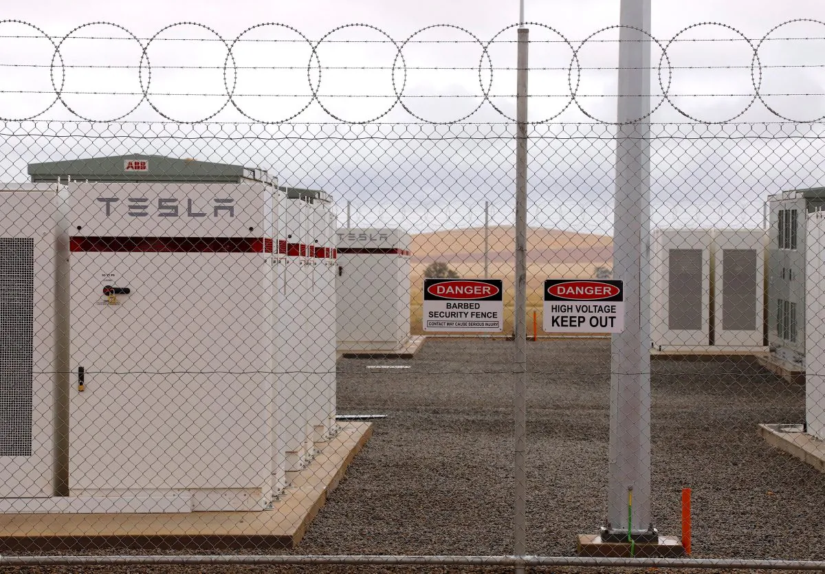 The Hornsdale Power Reserve, featuring the world's largest lithium ion battery made by Tesla, during the official launch near the South Australian town of Jamestown, in Australia on Dec. 1, 2017. (Reuters/David Gray