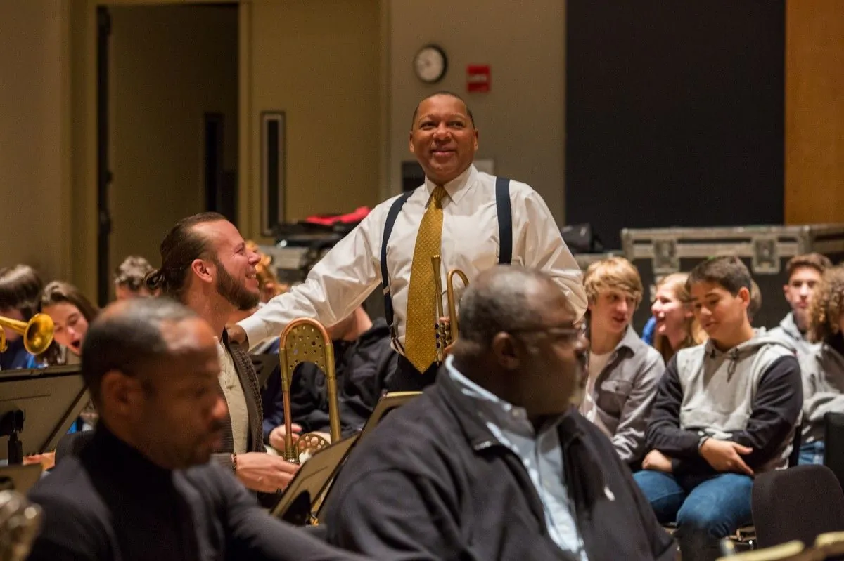 Wynton Marsalis and Jazz at Lincoln Center Orchestra in rehearsal for a Nov. 9 2017 concert “Bernstein at 100,” which celebrated the 100th anniversary of Bernstein’s birth. Marsalis will also be appearing with the orchestra for the holidays. (Luigi Beverelli)