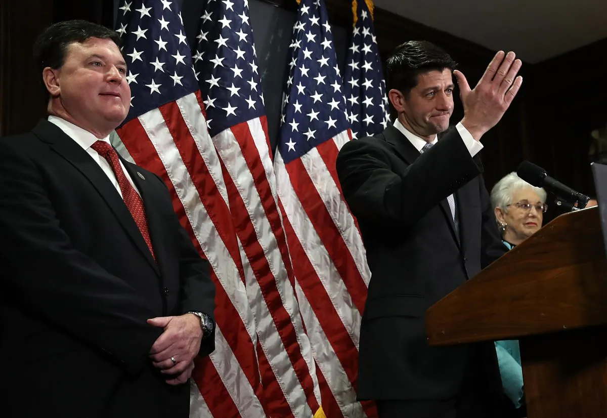 Rep. Todd Rokita (L) during a press conference with Speaker of the House Paul Ryan and Rep. Virginia Foxx (R) at the U.S. Capitol in Washington on Feb. 7, 2017. (Win McNamee/Getty Images)