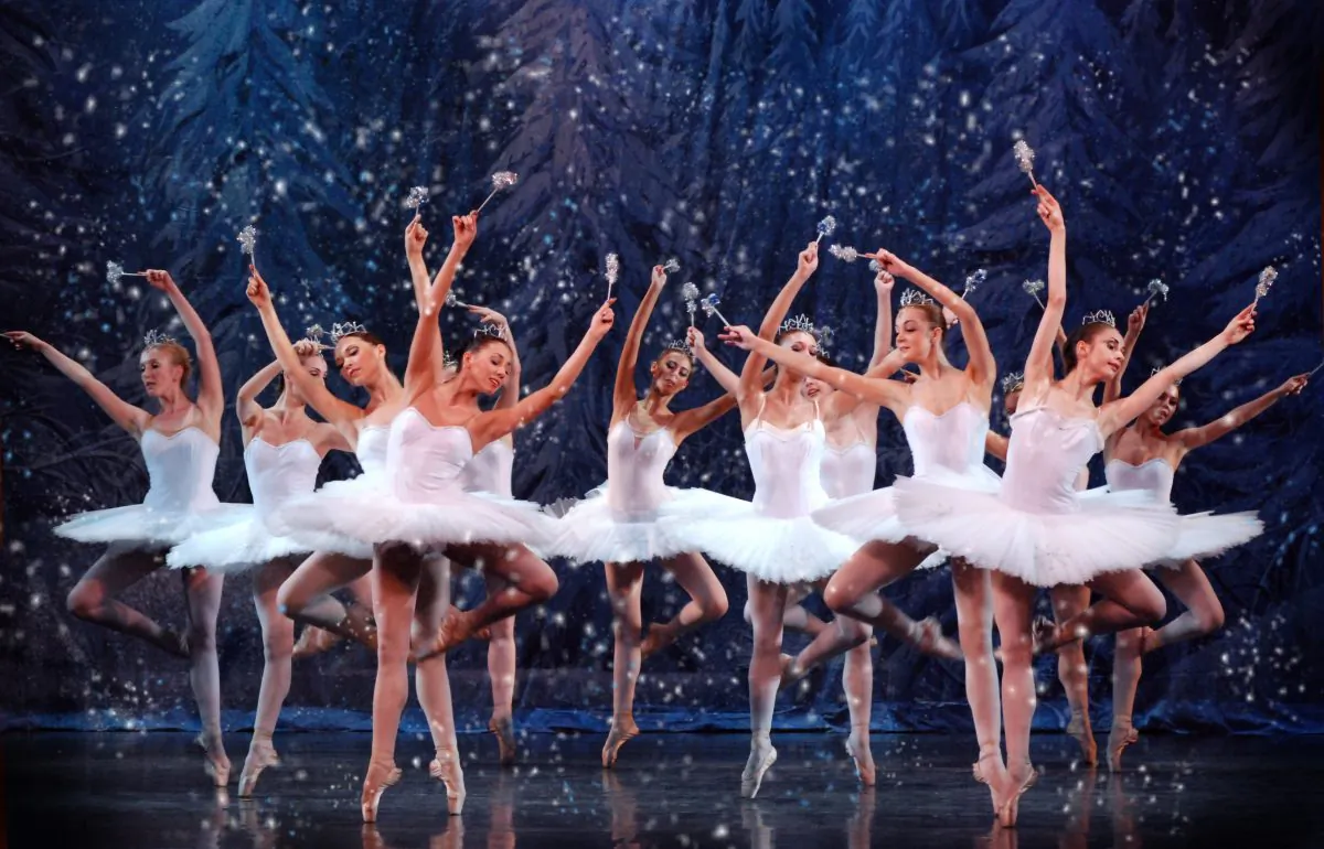 The snow scene of “The Nutcracker” as performed by The State Ballet Theatre of Russia, with choreography by Marius Petipa and the Mariinsky’s Vasily Vainonen. The company will appear at Kingsborough Community College in Brooklyn on Dec. 17, 2017. (Hollywood Entertainment Group )